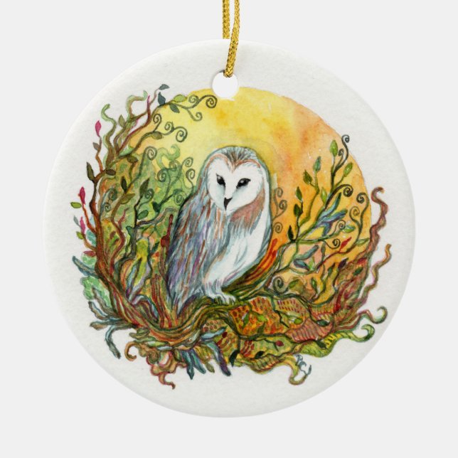 Owl and the Moon Ceramic Ornament (Front)