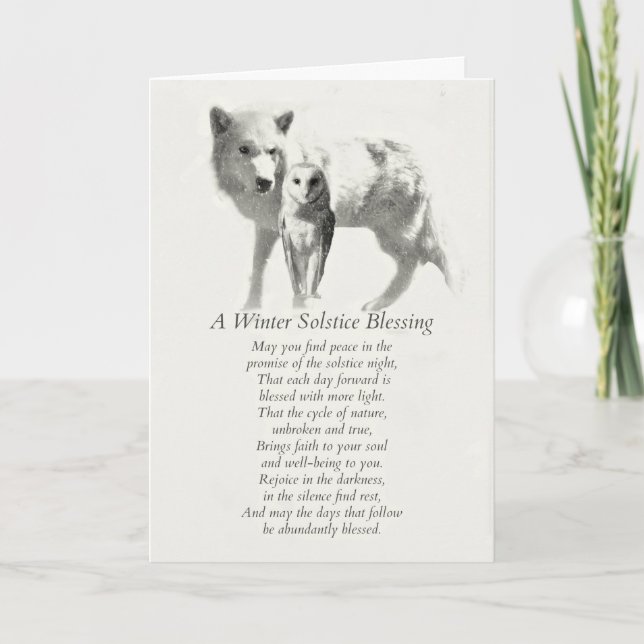 Owl and Wolf in Snow Winter Solstice Blessings Card (Front)