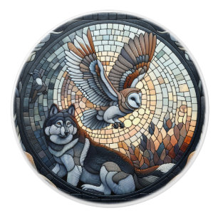 Owl and Wolf Mosaic Ai Art Ceramic Knob