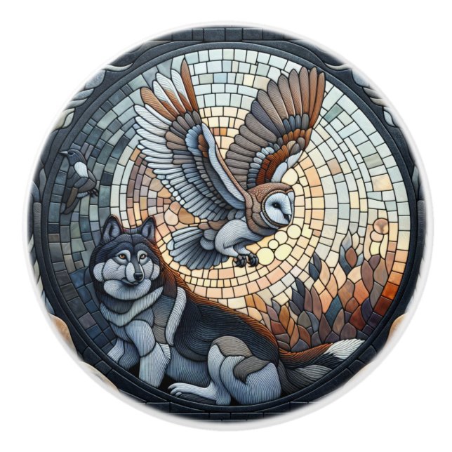 Owl and Wolf Mosaic Ai Art  Ceramic Knob (Front)