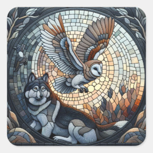 Owl and Wolf Mosaic Ai Art Square Sticker
