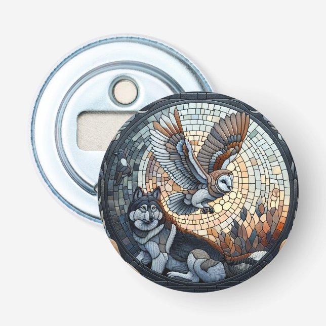 Owl and Wolf Mosaic Nature Ai Art   Bottle Opener (Front)