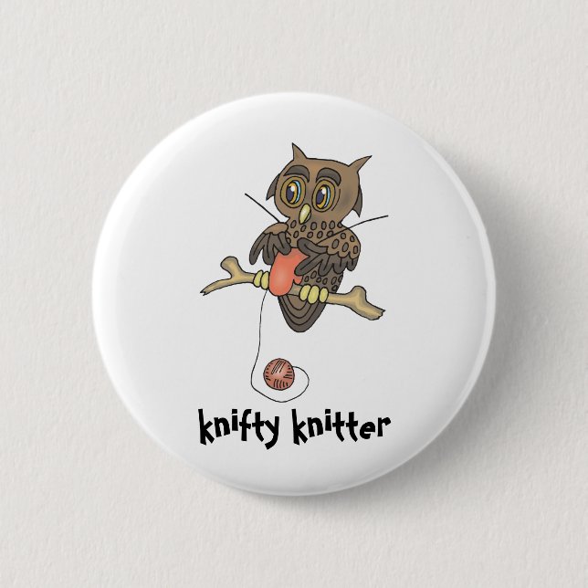 owl and yarn knifty knitter 2 inch round button (Front)