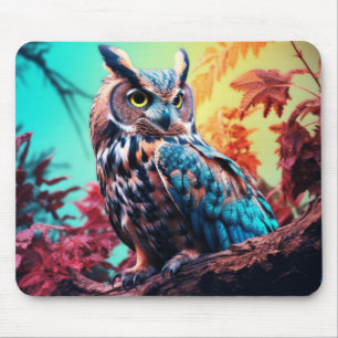 Owl Animal Bird Wildlife Wilderness Colourful Art Mouse Pad