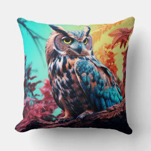 Owl Animal Bird Wildlife Wilderness Colourful Art Throw Pillow