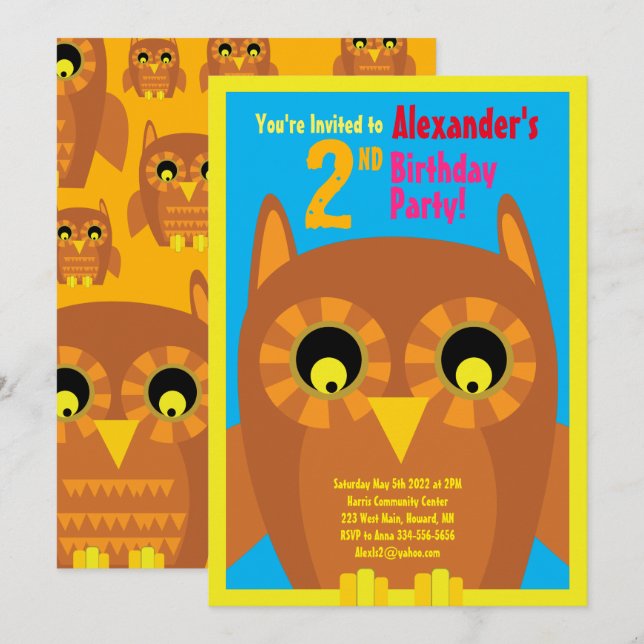 Owl Animal Kid's Birthday Party Invitations (Front/Back)