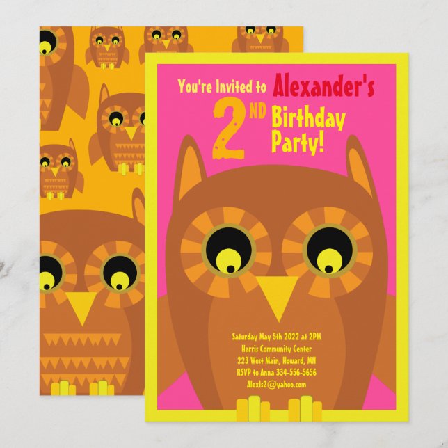 Owl Animal Kid's Birthday Party Invitations (Front/Back)