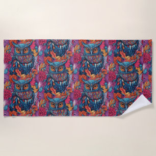 Owl Art Drawing  Blue owl and pink flowers.  Beach Towel