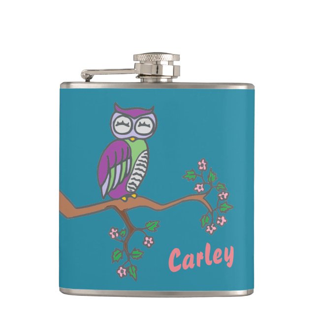 Owl Art Night Blue Personalised Hip Flask (Front)