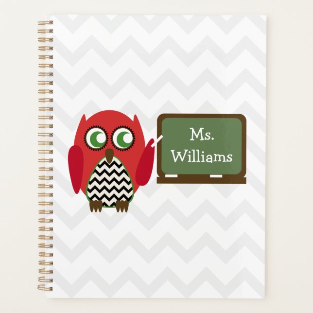 Owl At Chalkboard Chevron Personalized Teacher Planner (Front)