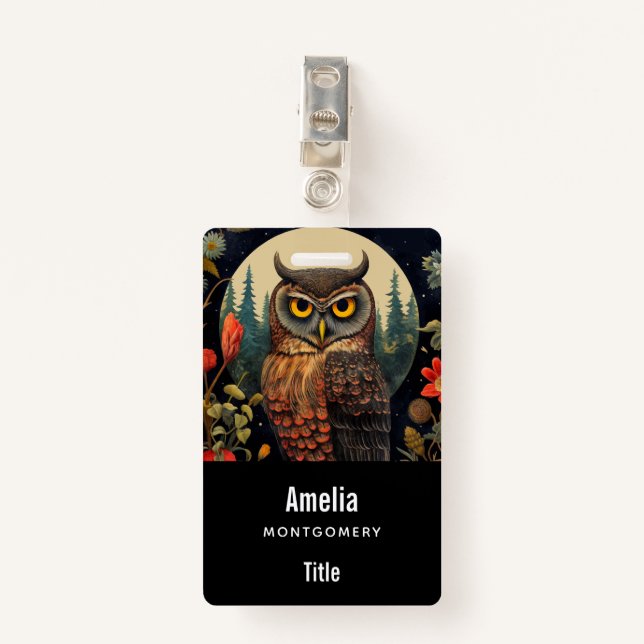 Owl at Night with a Full Moon Badge (Front with Clip)