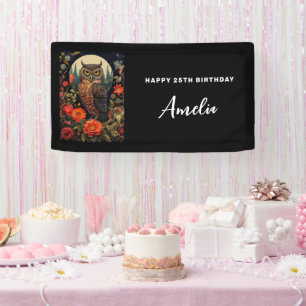 Owl at Night with a Full Moon Birthday Banner