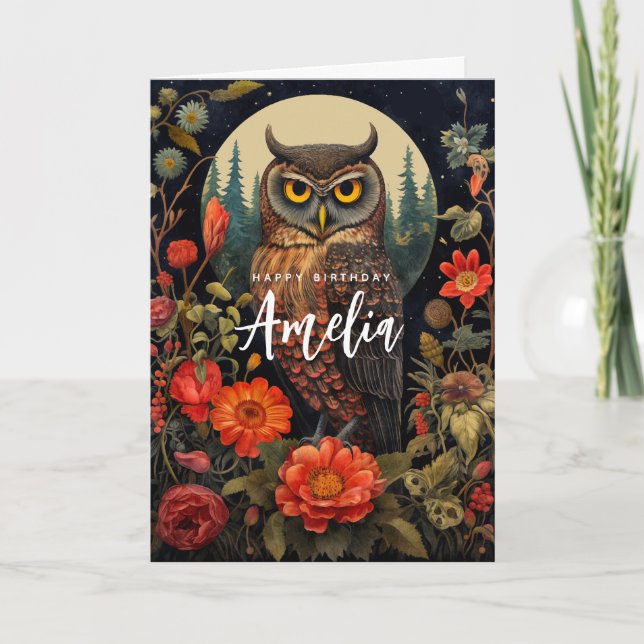 Owl at Night with a Full Moon Birthday Card (Front)