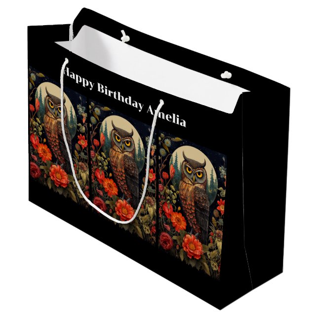 Owl at Night with a Full Moon Birthday Large Gift Bag (Front Angled)