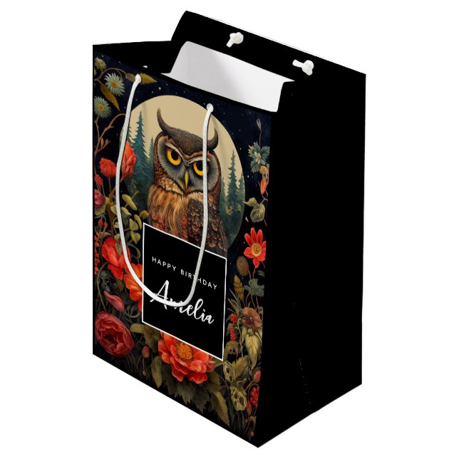 Owl at Night with a Full Moon Birthday Medium Gift Bag (Front Angled)
