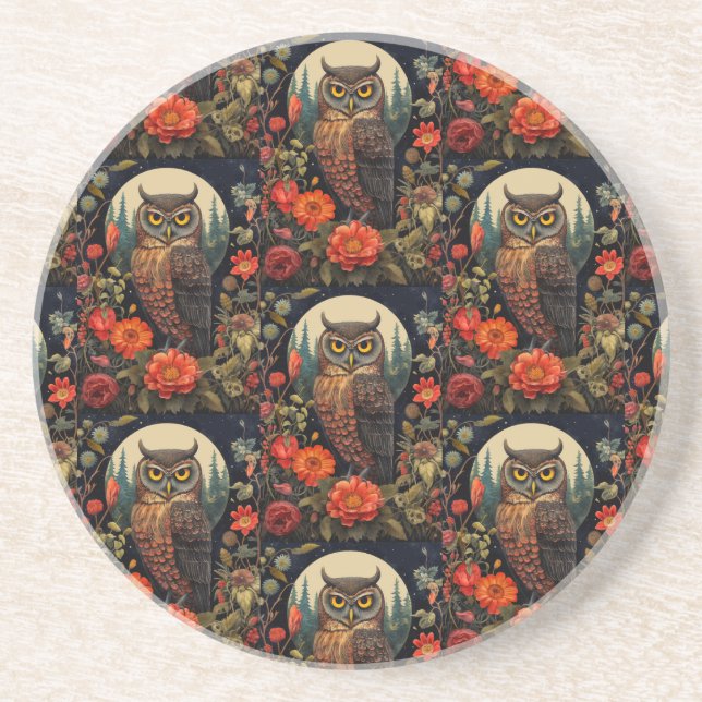 Owl at Night with a Full Moon Pattern Coaster (Front)