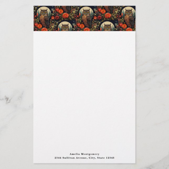 Owl at Night with a Full Moon Pattern Stationery (Front)