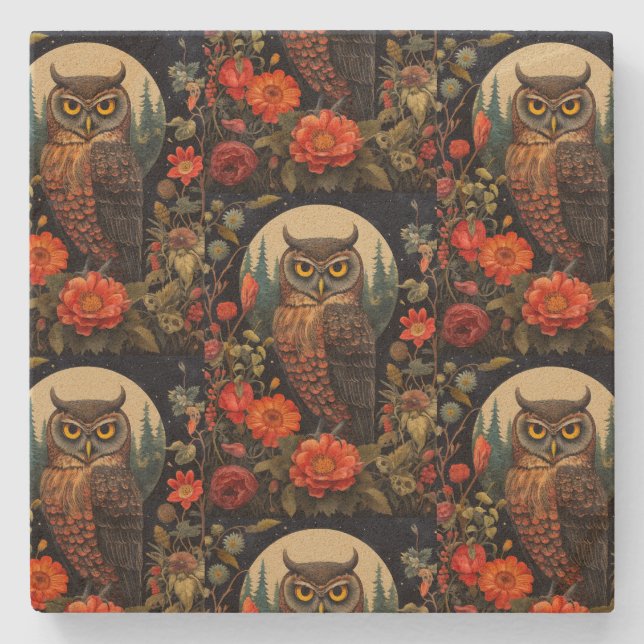 Owl at Night with a Full Moon Pattern Stone Coaster (Front)