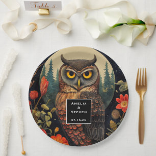 Owl at Night with a Full Moon Pattern Wedding Paper Plate