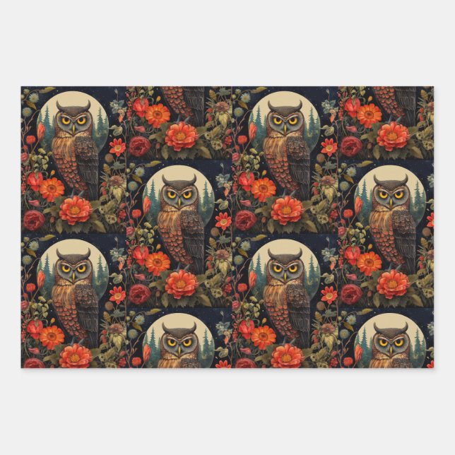 Owl at Night with a Full Moon Pattern Wrapping Paper Sheet (Front 3)