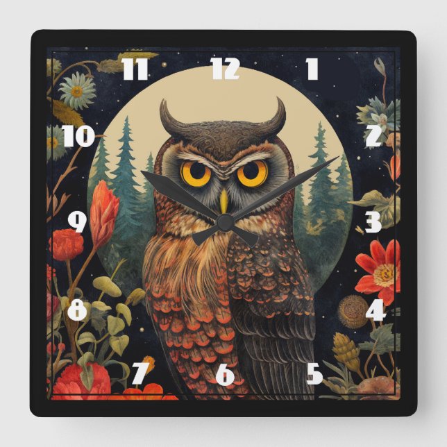 Owl at Night with a Full Moon Square Wall Clock (Front)