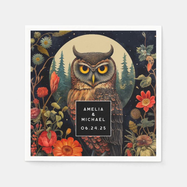 Owl at Night with a Full Moon Wedding Napkin (Front)