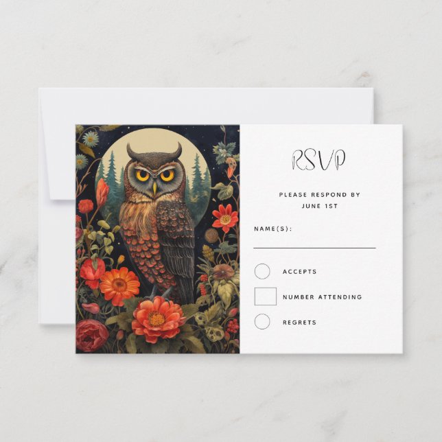 Owl at Night with a Full Moon Wedding RSVP Card (Front)