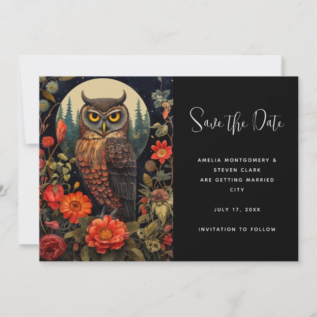  Owl at Night with a Full Moon Wedding Save The Date (Front)