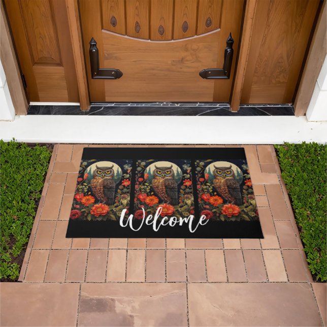 Owl at Night with a Full Moon Welcome Doormat (Outdoor)
