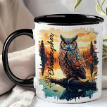 Owl at Sunset Forest Reflection Mug<br><div class="desc">Enjoy the mystical charm of the Owl at Sunset Forest Reflection Mug. This captivating mug features a majestic owl perched on a branch, with the serene forest and the warm hues of the sunset beautifully reflected in a tranquil lake. Customized with your name, it adds a personal and unique touch....</div>