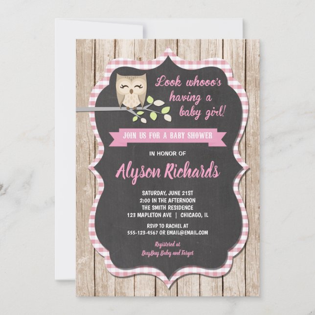 Owl baby shower girl invitations (Front)