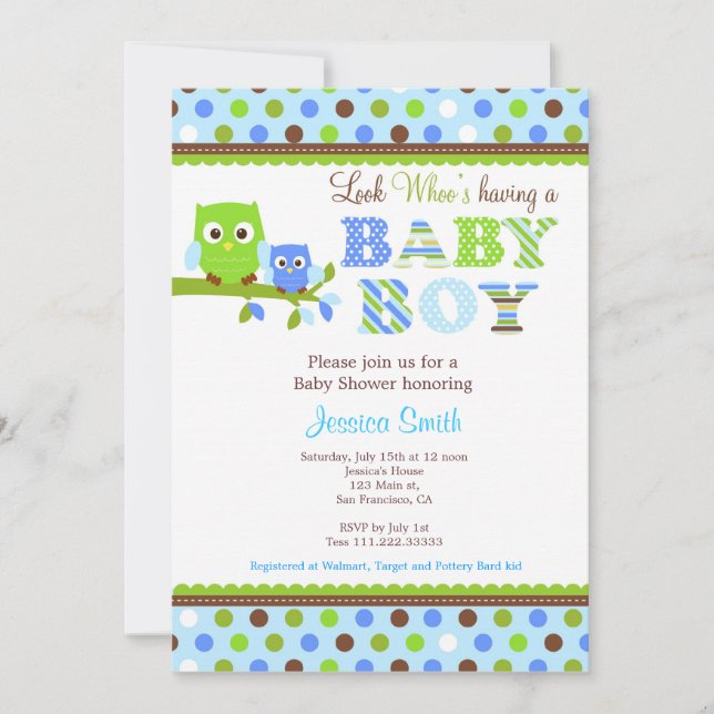 Owl Baby Shower Invitation Boy (Front)