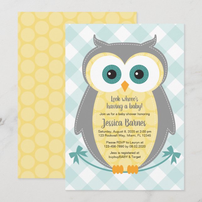 Owl baby shower invitation neutral yellow grey (Front/Back)