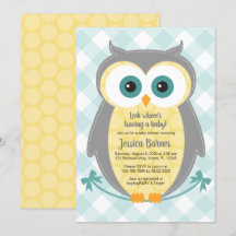Owl baby shower invitation neutral yellow grey