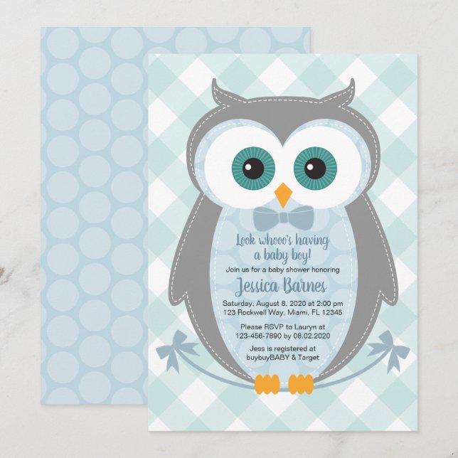Owl baby shower invitation woodland boy blue grey (Front/Back)