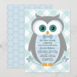 Owl baby shower invitation woodland boy blue grey