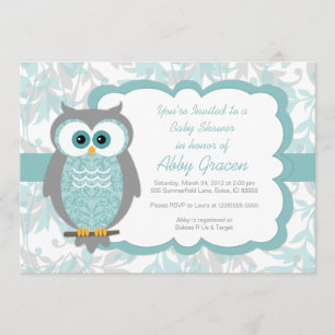 Owl Baby Shower Invitations, Aqua, Grey - 930 Invitation