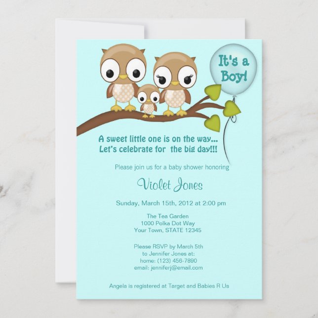 Owl Baby Shower Invitations Boy Mommy Daddy (Front)