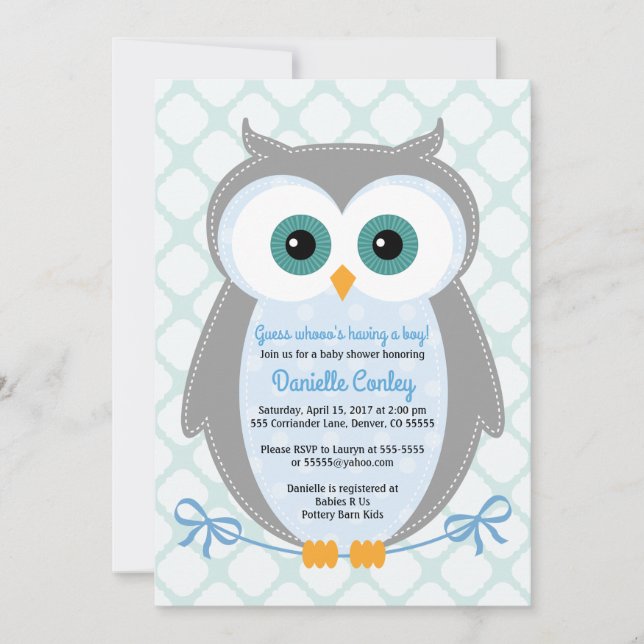 Owl baby shower invitations boys blue grey mint (Front)