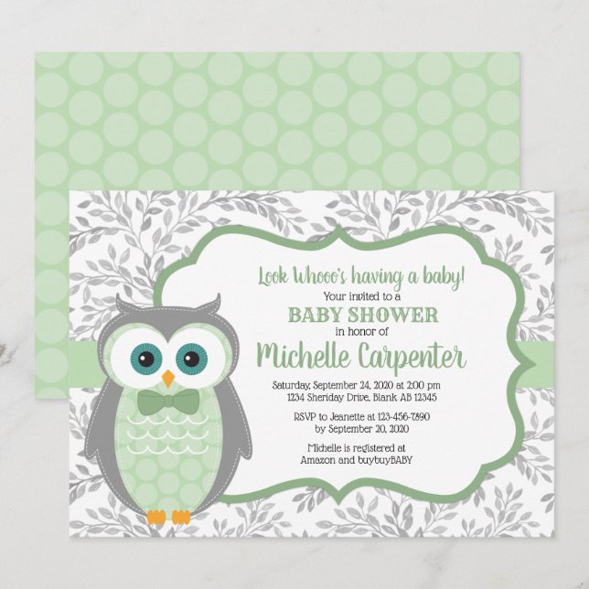 owl baby shower invite boy green grey woodland (Front/Back)