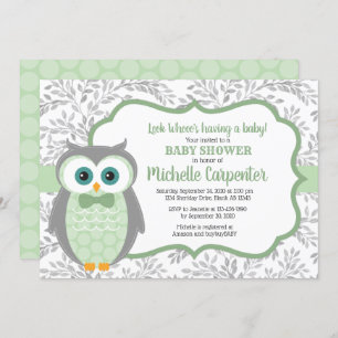 owl baby shower invite boy green grey woodland