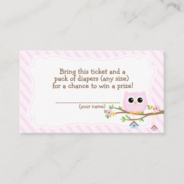 Owl Baby Shower pink Diaper Raffle ticket Enclosure Card (Front)