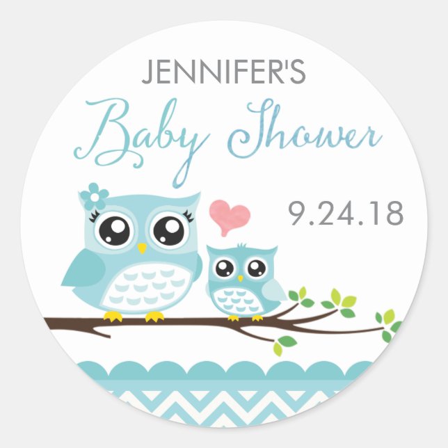 Owl Baby Shower Sticker / Label | Blue Chevron Boy (Front)