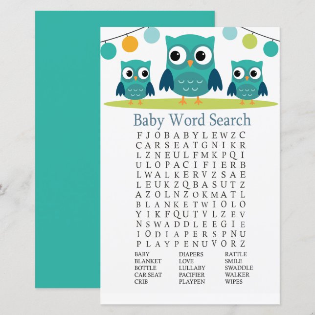 Owl Baby Shower Word Search Game (Front/Back)