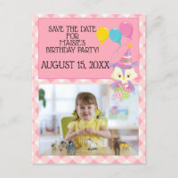 Owl Balloon Pink Gingham Birthday Photo Save Date