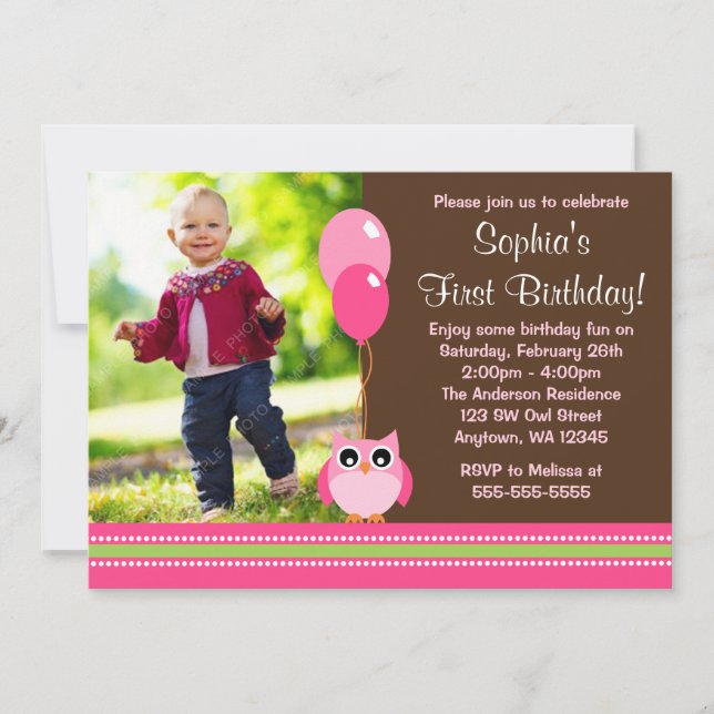 Owl Balloons Brown Pink Photo Birthday Invitation (Front)