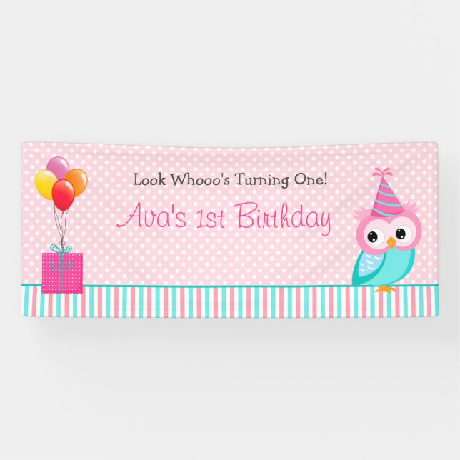 Owl Banner (Personalized) - Girl 1st Birthday (Horizontal)