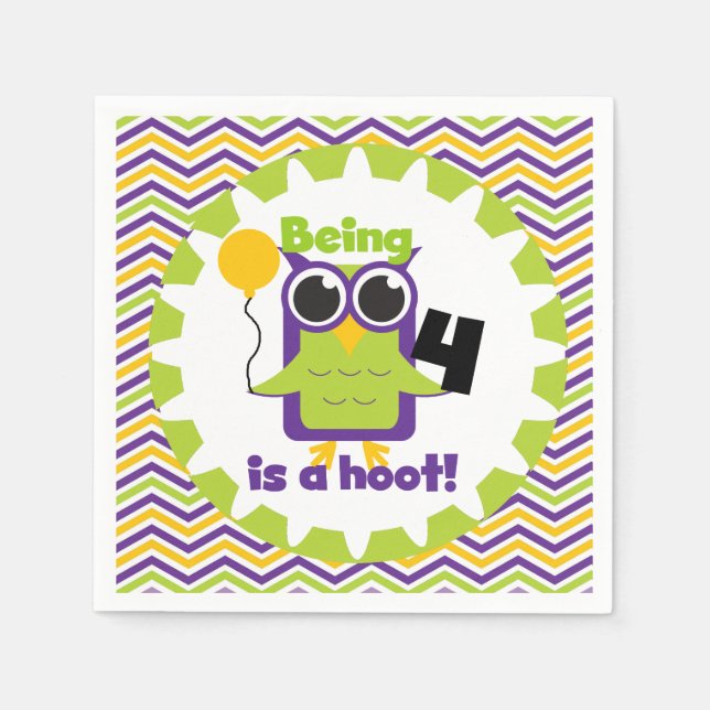 Owl Being 4 is a Hoot Birthday Paper Napkins (Front)