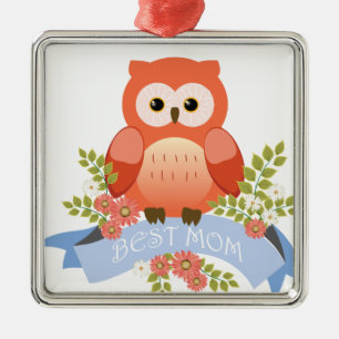 Owl best mom flower banner metal ornament