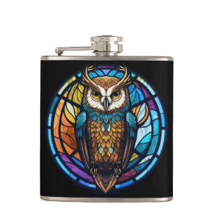 Owl Bird Animal Portrait Stained Glass Wildlife  Hip Flask